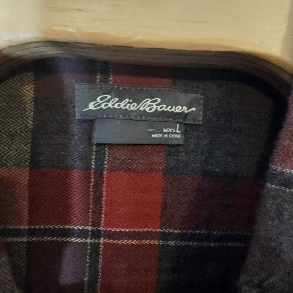 Eddie Bauer Button Down Flannel Shirt Large Men's Long Sleeve Orange Gray Tan - Picture 4 of 6